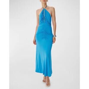 NWT Ronny Kobo Pool Blue Idris Ruched Backless Halter Maxi Dress Size L